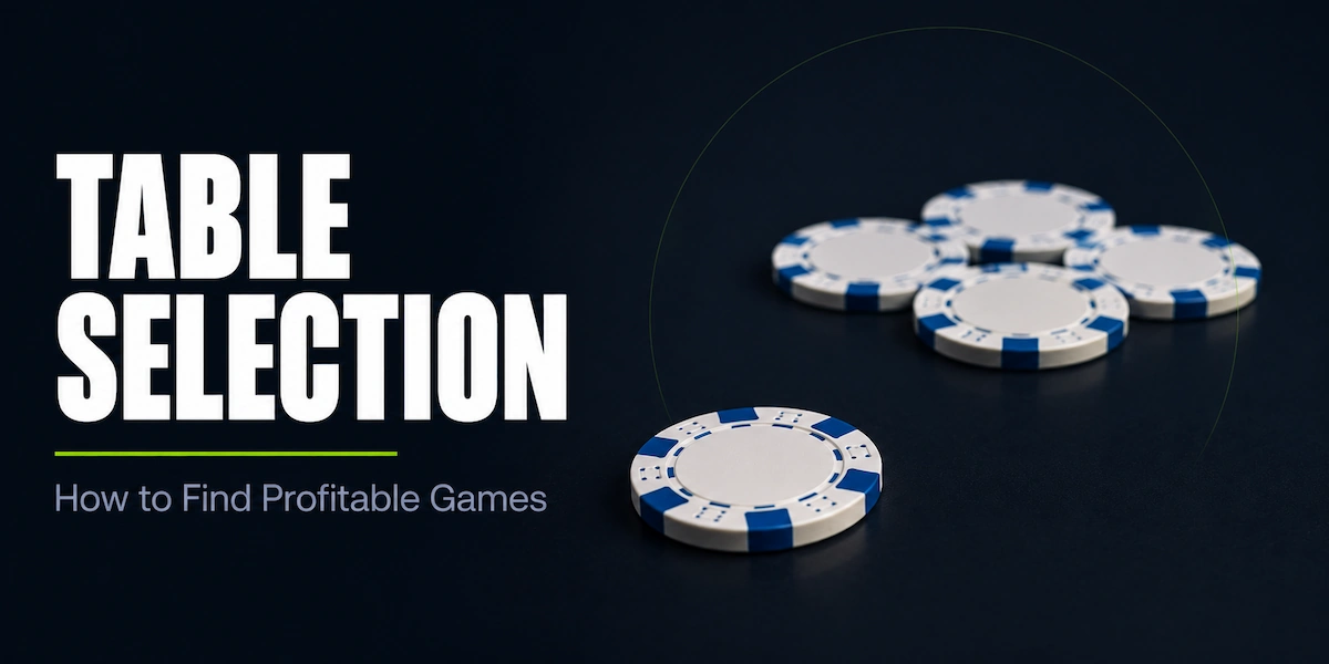 Table Selection in Poker Table selection featured image showing one poker chip separated from a cluster of five chips on a dark surface, representing the choice of selecting the most profitable table from a lobby full of options