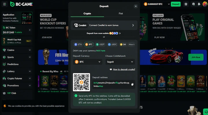 BC.Game BTC deposit cashier showing Bitcoin selected with SegWit network and deposit address