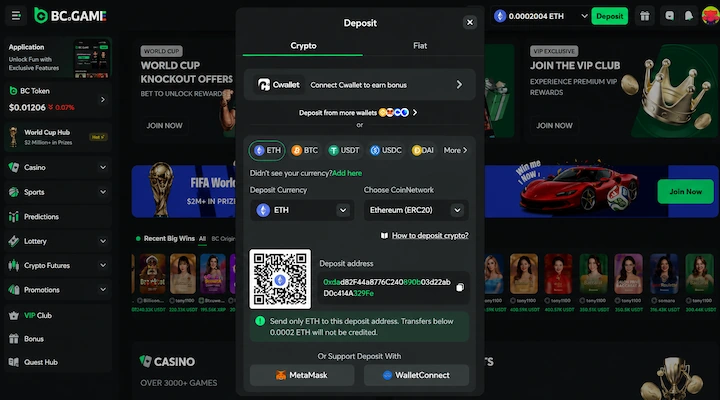 BC.Game ETH deposit cashier BC.Game ETH deposit cashier showing Ethereum selected with ERC-20 network and deposit address