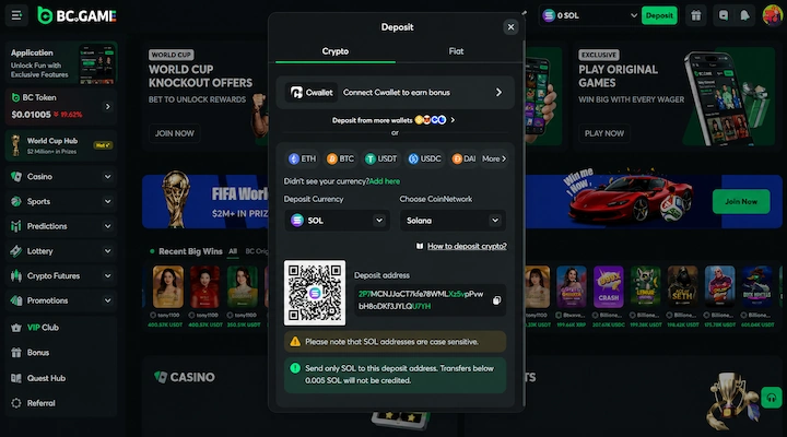 BC.Game SOL deposit cashier BC.Game SOL deposit cashier showing SOL selected with Solana network, deposit address, QR code, and 0.005 SOL minimum from a logged-in session
