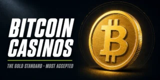 Bitcoin Casinos featured image with large gold metallic Bitcoin coin