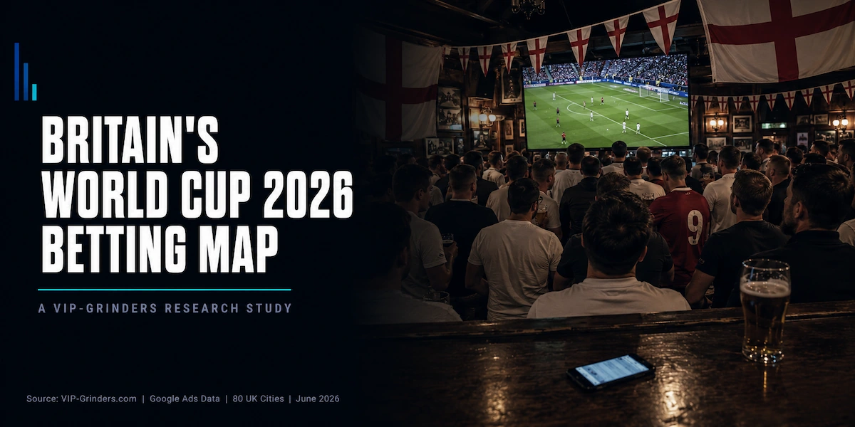 Britain's World Cup 2026 Betting Map – VIP-Grinders Research Study Packed British pub during a World Cup 2026 match with England flags hanging from the ceiling, fans watching a big screen, and a phone with betting odds on the bar counter beside a pint glass. Featured image for VIP-Grinders Britain's World Cup 2026 Betting Map research study analysing betting interest across 80 UK cities.