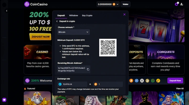 CoinCasino BTC deposit cashier showing Bitcoin network selected with 0.0001 BTC minimum deposit and SegWit address