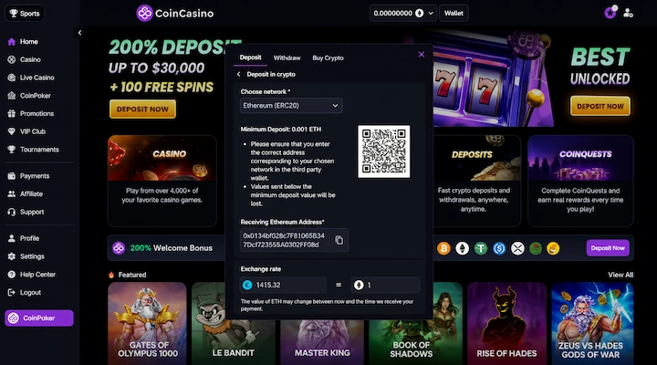 CoinCasino ETH deposit cashier CoinCasino ETH deposit cashier showing Ethereum ERC-20 network selected with 0.001 ETH minimum deposit and receiving address
