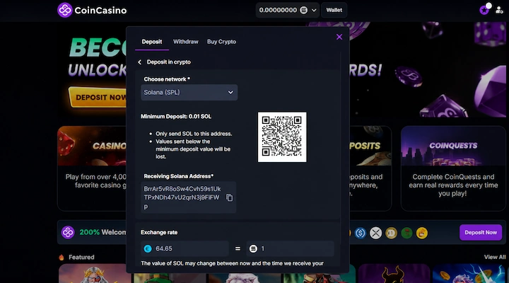 CoinCasino SOL deposit cashier CoinCasino SOL deposit cashier showing Solana (SPL) network selected with 0.01 SOL minimum deposit, receiving address, and QR code from a logged-in session