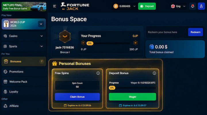 FortuneJack Bonus Space after deposit with VGCASINO showing 50 free spins and 30x wagering tracker FortuneJack Bonus Space displaying Personal Bonuses with Free Spins count of 50 and Deposit Bonus wagering tracker showing 0 of 0.018225 BTC required