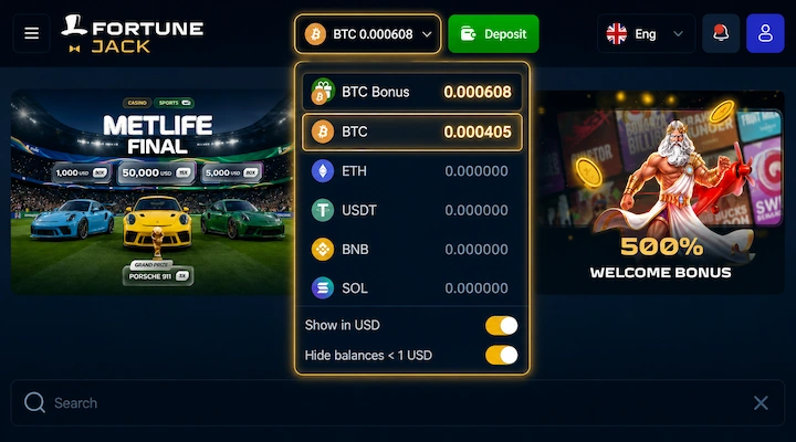 FortuneJack non-sticky bonus showing separate BTC and BTC Bonus balances after deposit FortuneJack wallet dropdown showing BTC deposit balance of 0.000405 and separate BTC Bonus balance of 0.000608 confirming non-sticky structure
