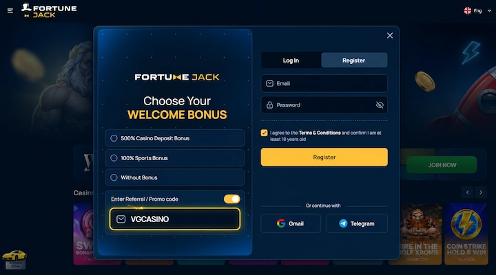 FortuneJack promo code VGCASINO registration form FortuneJack registration form with the Enter Referral Promo code toggle activated and code VGCASINO entered in the field