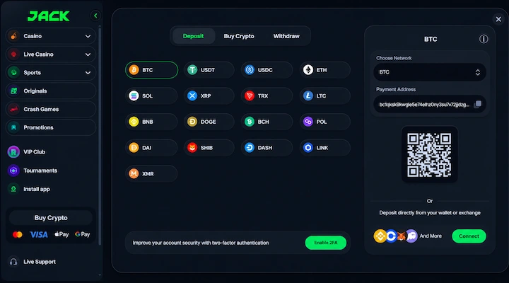 Jack.com BTC deposit cashier showing Bitcoin selected from 21 supported cryptocurrencies with SegWit deposit address