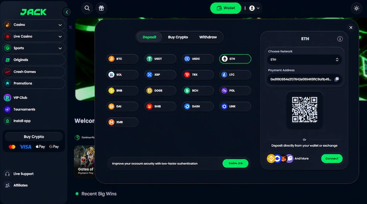Jack.com ETH deposit cashier Jack.com ETH deposit cashier showing Ethereum selected with ETH network, payment address, and QR code across 17 supported cryptocurrencies