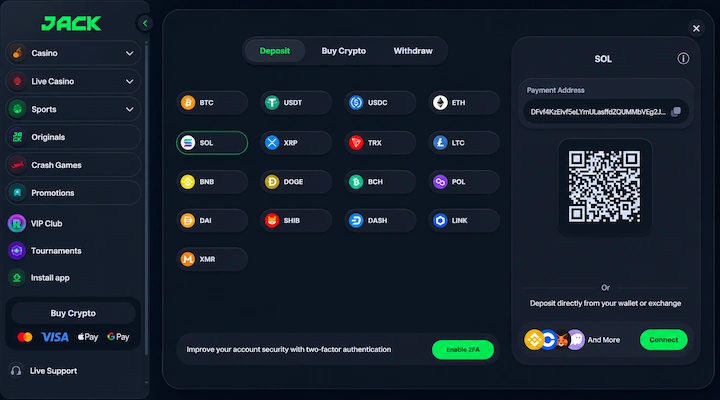 Jack.com SOL deposit cashier Jack.com SOL deposit cashier showing SOL selected from 17 supported cryptocurrencies with payment address and QR code from a logged-in session