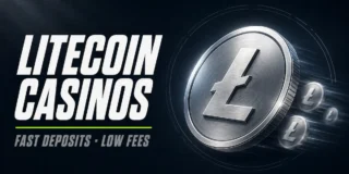 Litecoin Casinos featured image with metallic Litecoin coin and motion blur trailing coins