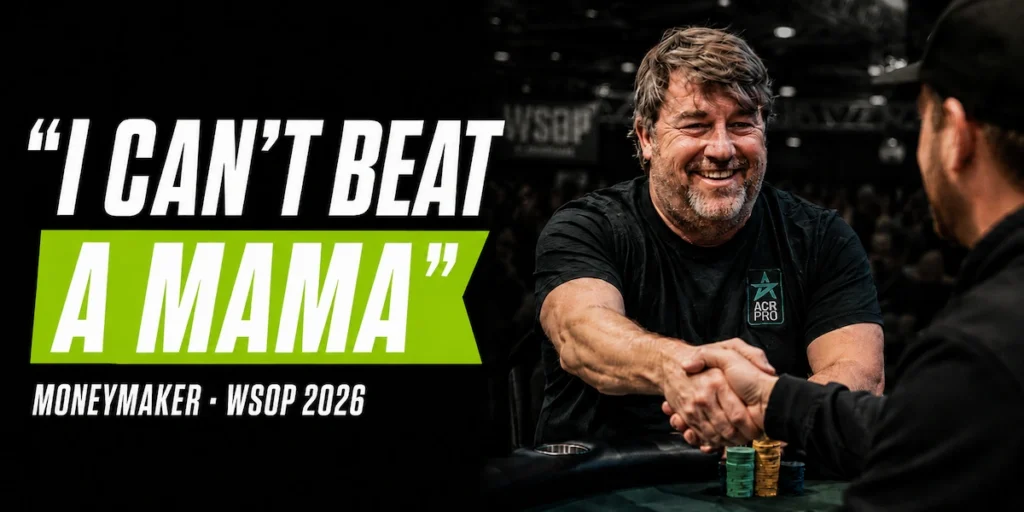 Chris Moneymaker smiling and shaking hands with his opponent after losing ace-seven to pocket queens at the 2026 World Series of Poker