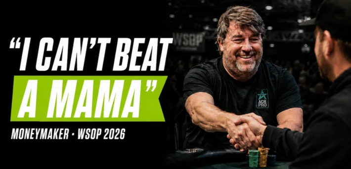 Chris Moneymaker smiling and shaking hands with his opponent after losing ace-seven to pocket queens at the 2026 World Series of Poker