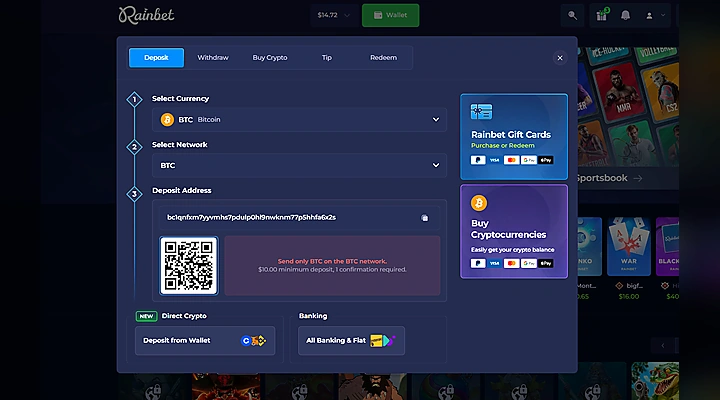 Rainbet BTC deposit cashier showing Bitcoin selected with BTC network and SegWit deposit address