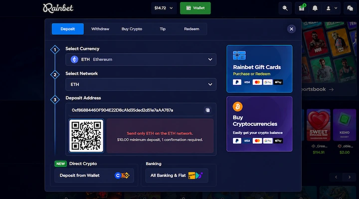 Rainbet ETH deposit cashier Rainbet ETH deposit cashier showing Ethereum selected with ETH network, deposit address, and $14.72 balance