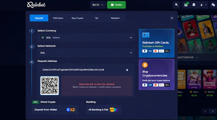 Rainbet SOL deposit cashier Rainbet SOL deposit cashier showing SOL Solana selected as currency with SOL network, deposit address, QR code, $5.00 minimum deposit, and $14.72 balance from a logged-in session