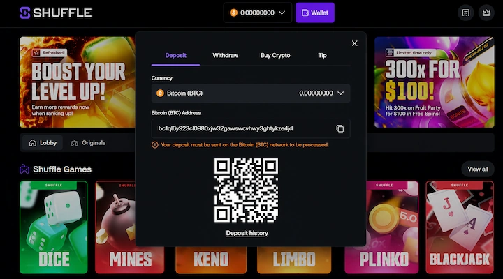 Shuffle BTC deposit cashier showing Bitcoin selected with SegWit deposit address and QR code