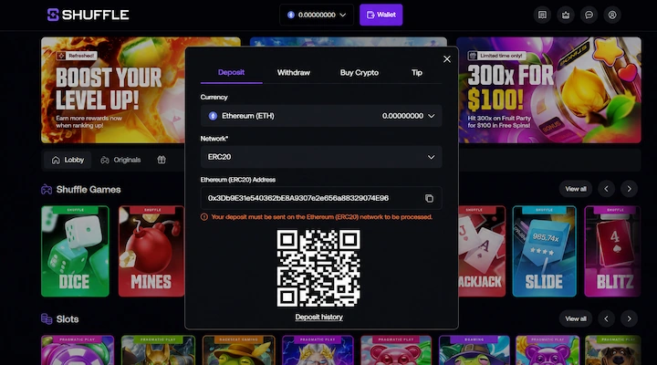 Shuffle ETH deposit cashier Shuffle ETH deposit cashier showing Ethereum selected with ERC-20 network and deposit address