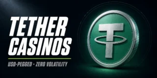 Tether Casinos featured image with metallic USDT coin in Tether brand green