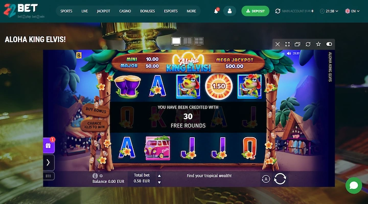 30 free spinů bez vkladu připsaných v 22Bet na automatu Aloha King Elvis při nulovém zůstatku, odebraných s kódem VIP-Grinders VIP22