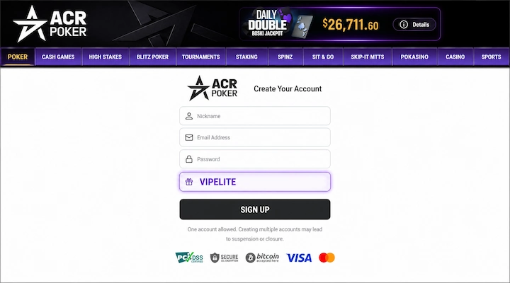 ACR Poker registration form with VIPELITE referral code ACR Poker Create Your Account registration form showing Nickname, Email Address, Password, and Referral Code fields with VIPELITE entered