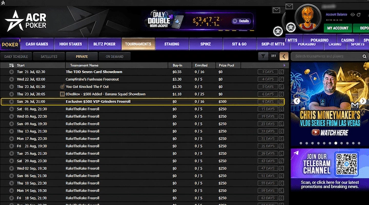 ACR Poker VIP-Grinders exclusive $500 freeroll in the private tournament lobb ACR Poker private tournament lobby showing the Exclusive $500 VIP-Grinders Freeroll with $0 buy-in and $500 prize pool highlighted