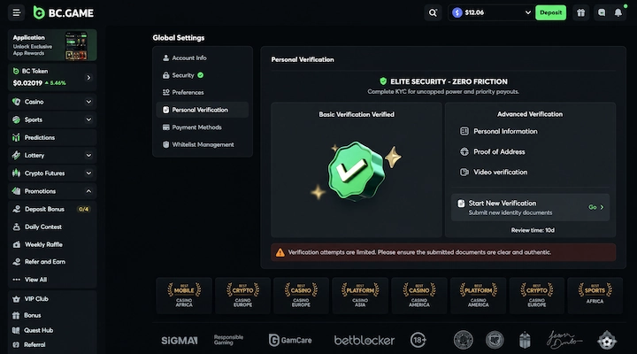 BC.Game basic verification approved through Sumsub BC.Game Personal Verification page showing Basic Verification Verified with a green tick, and Advanced Verification options for Personal Information, Proof of Address and Video verification with a stated review time of 10 days
