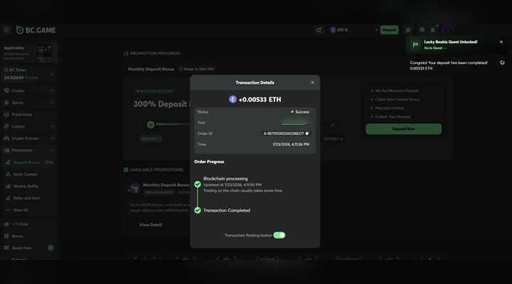 BC.Game deposit of 0.00533 ETH confirmed BC.Game Transaction Details panel showing a deposit of 0.00533 ETH with status Success, an order time of 4:11:26 PM and blockchain processing completing at 4:15:10 PM, alongside a Lucky Rookie Quest Unlocked notification