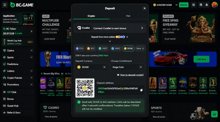 BC.Game deposit screen showing DOGE selected as the deposit currency with the Doge Coin network, a deposit address starting with D, a QR code, 2 network confirmations required, and a 1 DOGE minimum deposit warning from a logged-in session