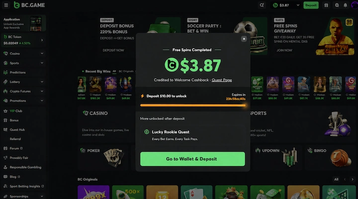 BC.Game free spins result locked until a $10 deposit BC.Game Free Spins Completed popup showing $3.87 credited to Welcome Cashback with a Deposit $10.00 to unlock bar and a 23 hour 58 minute countdown, alongside the account balance in the header reading $3.87