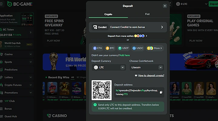 BC.Game LTC deposit cashier showing Litecoin selected with the Litecoin network, deposit address, QR code, and 0.009 LTC minimum deposit from a logged-in session