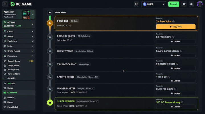 BC.Game Quest Hub showing the seven task ladder BC.Game Quest Hub showing First Bet active at 0 of 10 bets with a Play Now button, and Explore Slots, Lucky Strike, Try Live Casino, Sports Debut, Wager Master and Super Winner locked below it with their rewards listed