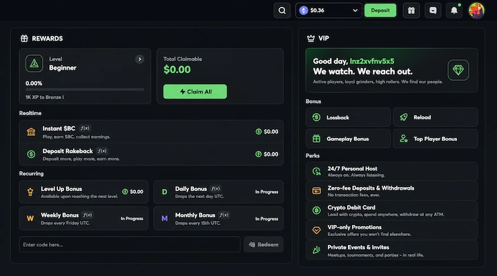 BC.Game Rewards page redeem code field BC.Game Rewards page showing Level Beginner with 1K XP to Bronze I, the Instant BC and Deposit Rakeback panels, Level Up, Daily, Weekly and Monthly bonus tiles, an Enter code here field with a Redeem button, and a VIP column with Lossback, Reload, Gameplay Bonus and Top Player Bonus locked