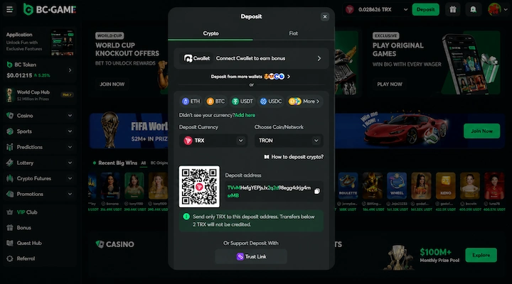 BC.Game TRX deposit cashier BC.Game deposit screen showing TRX selected as the deposit currency with the TRON network, a deposit address, QR code, and a 2 TRX minimum deposit warning from a logged-in session