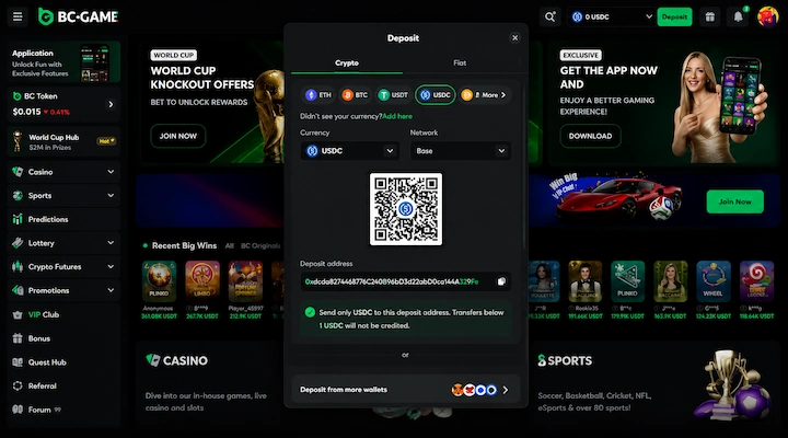 BC.Game USDC deposit cashier showing Base network and 1 USDC minimum BC.Game deposit screen showing USDC selected with Base network, a deposit address with QR code, a warning that transfers below 1 USDC will not be credited, coin tabs for ETH BTC USDT and USDC, and a 0 USDC balance display in the top right from a logged-in session