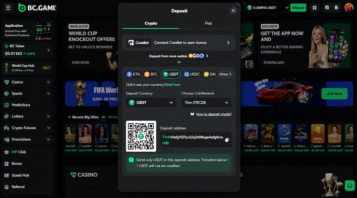 BC.Game USDT deposit cashier (TRC-20) BC.Game USDT deposit cashier from a logged-in session showing Tether selected on the Tron TRC-20 network with deposit address, QR code, a 1 USDT minimum warning, and the account balance held in USDT