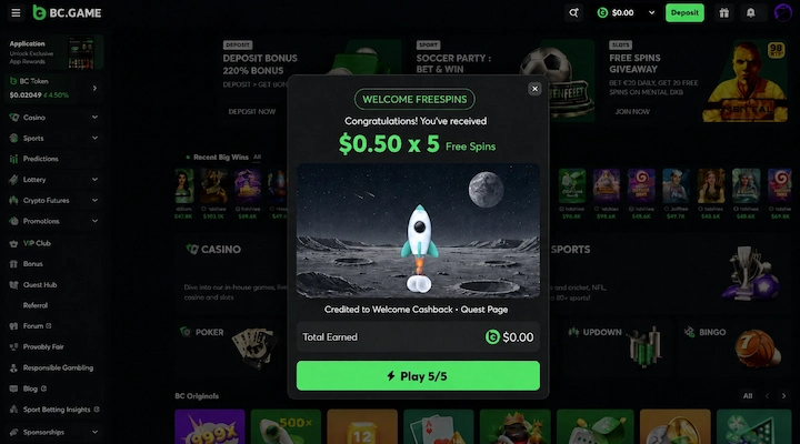 BC.Game welcome free spins with a zero balance BC.Game Welcome Freespins popup showing five free spins at $0.50 each credited to Welcome Cashback with a Play 5/5 button, and the account balance in the header reading $0.00