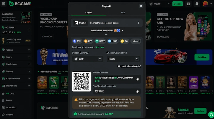 BC.Game XRP deposit cashier with Ripple network and destination tag BC.Game deposit screen showing XRP selected as the deposit currency with the Ripple network, a deposit address, QR code, a mandatory destination tag pre-filled with 1395462, a 0.5 XRP minimum deposit amount, and a warning that missing tag will result in fund loss from a logged-in session