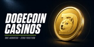 Dogecoin Casinos featured image showing a 3D DOGE coin with the Shiba Inu logo and the subtitle One Address Zero Friction on a dark background