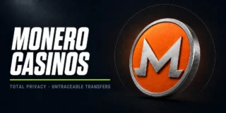 Best Monero casinos featured image showing a 3D XMR coin with the Monero M symbol on an orange face and silver metallic rim, with the text Monero Casinos and a Total Privacy Untraceable Transfers subtitle