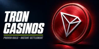 TRON Casinos featured image with large red metallic TRON coin