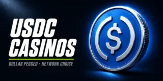 USDC Casinos featured image showing a 3D metallic USD Coin with blue glow on a dark background, bold italic text reading USDC CASINOS with a lime green separator line and the descriptor Dollar Pegged Network Choice
