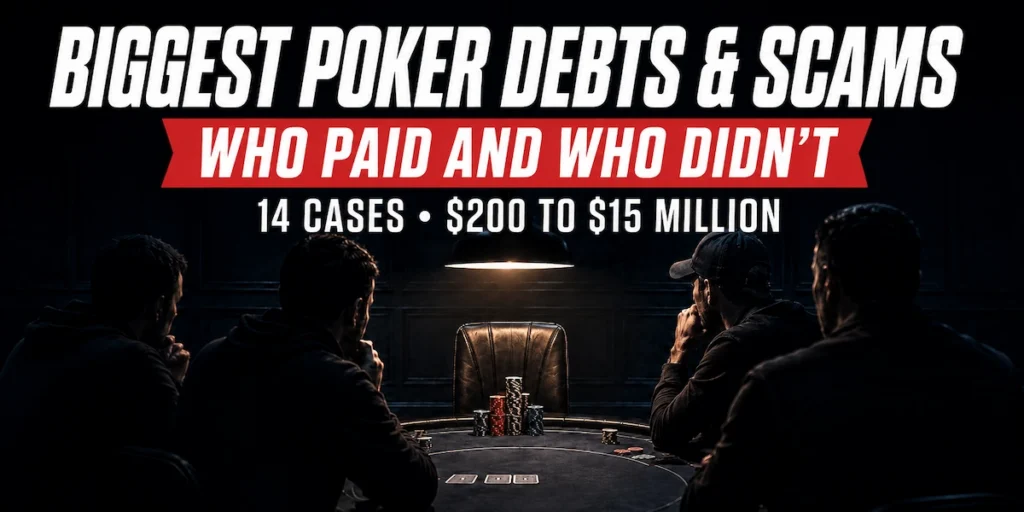 Poker players at a dark table looking at an empty chair with an untouched stack of chips, representing the biggest poker debts and scams