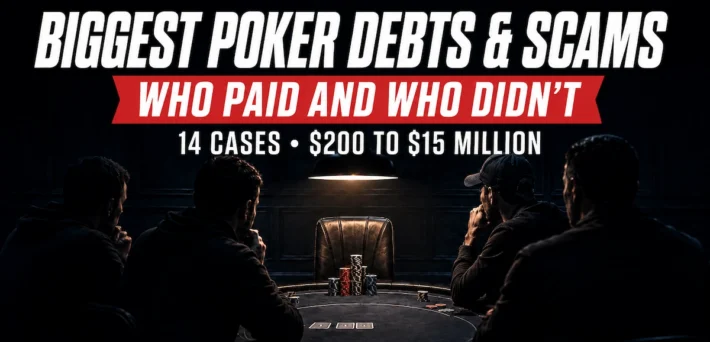 Poker players at a dark table looking at an empty chair with an untouched stack of chips, representing the biggest poker debts and scams