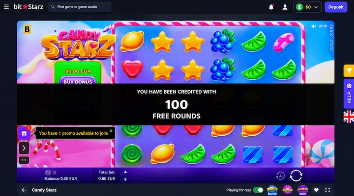 BitStarz 100 free rounds credited on Candy Starz BitStarz Candy Starz slot showing YOU HAVE BEEN CREDITED WITH 100 FREE ROUNDS at 0.80 EUR total bet with Balance 0.00 EUR, Playing for real toggle active, and You have 1 promo available to join notification