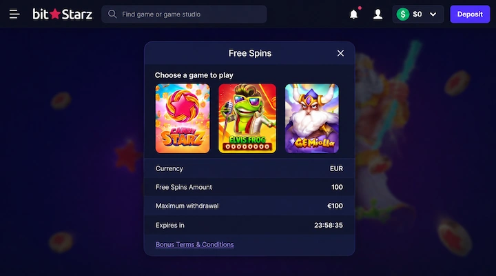 BitStarz 100 no-deposit free spins with code VIPGRINDERS BitStarz Free Spins popup showing Choose a game to play with Candy Starz, Elvis Frog, and GEMhalla, Free Spins Amount 100, Maximum withdrawal €100, Expires in 23:58:35