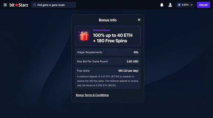 BitStarz Exclusive Bonus Info showing 180 free spins 20 per day BitStarz Bonus Info popup showing Exclusive Bonus 100% up to 40 ETH + 180 Free Spins, Wager Requirements 40x, Max Bet Per Game Round 2.65 USD, Free Spins 180 (20 per day), minimum deposit of 0.01 ETH ($17.64) for 180 free spins and 0.005 ETH ($8.82) for bonus only