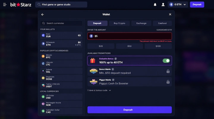 BitStarz minimum deposit $8.82 for exclusive bonus BitStarz wallet Deposit tab with $5 entered showing red error message The amount field must be $8.82 or more, Exclusive Bonus 100% up to 40 ETH toggled on, with supported currencies EUR, ETH, BTC, LTC, SOL, DOGE, USDT visible