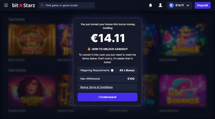 BitStarz no-deposit free spin result €14.11 BitStarz popup showing You just turned your bonus into bonus money totalling €14.11, Wagering Requirements 40 x Bonus, Max Withdrawal €100, with €14.11 balance visible in header